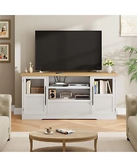 gaomon Farmhouse Tv Stand for TVs, Wave-Pattern Console with Glass Cabinets and Open Shelves