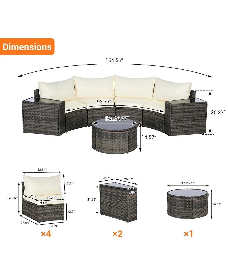 Asagikoiai 7-Piece Outdoor Half-Moon Sectional Patio Furniture Set with Glass Table-Asagikoiai