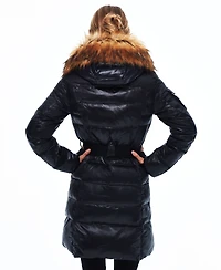 S13 Women's Faux-Fur Hooded Belted Shine Puffer Coat