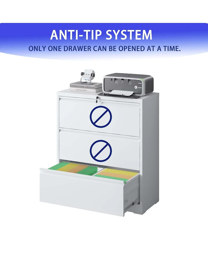 Boyel Living Lateral File Cabinet 3 Drawer, White Filing Cabinet with Lock, Lockable File Cabinet for Home Office