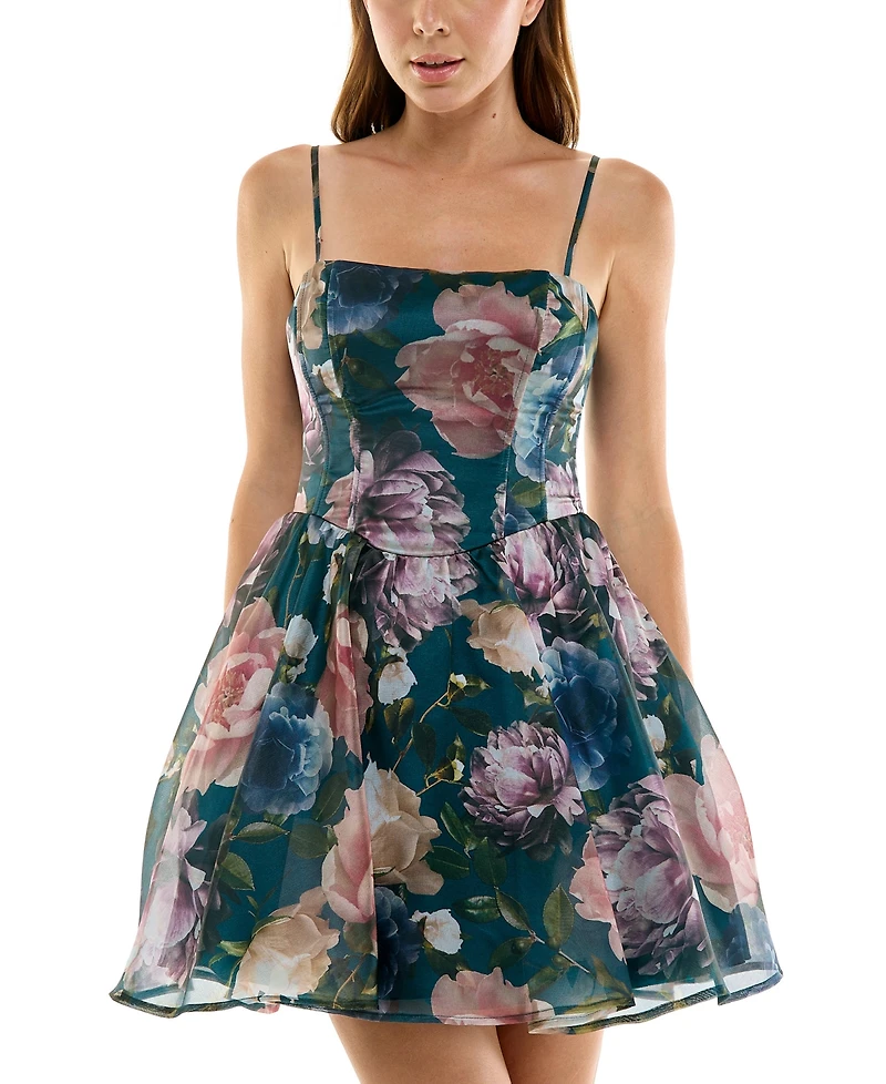Seni & Cade Juniors' Floral Printed Square Neck Mini Dress