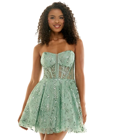 Seni & Cade Juniors' Glitter Strapless Bustier Corset Fit Flare Mini Dress