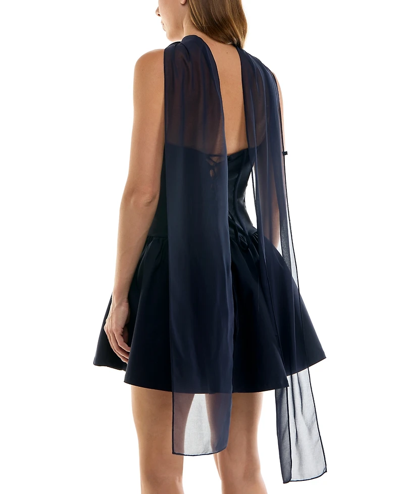 Seni & Cade Juniors' Scarf with Drop Waist Drape Front Mini Dress