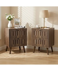 Boyel Living Medieval Modern Bedside Table Set of 2, Walnut Nightstand with Vertical Grooves and Solid Wood Legs, Double Drawer Side Table for Bedroom