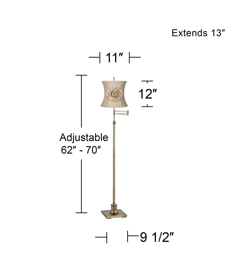 360 Lighting Traditional Swing Arm Floor Lamp Adjustable Height 70" Tall Antique Brass Almond Flower Linen Drum Shade Living Room Bedroom