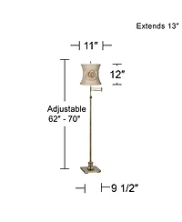 360 Lighting Traditional Swing Arm Floor Lamp Adjustable Height 70" Tall Antique Brass Almond Flower Linen Drum Shade Living Room Bedroom