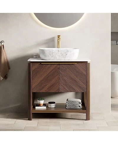 Sillysis Modern Bathroom Vanity with Vessel Sink, Sintered Stone Countertop, Soft Close Solid Wood 3D Doors
