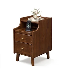 Gymax Wood Nightstand w/ 2 Drawers Narrow Bedside Table w/ Pull-out Tray and Cable