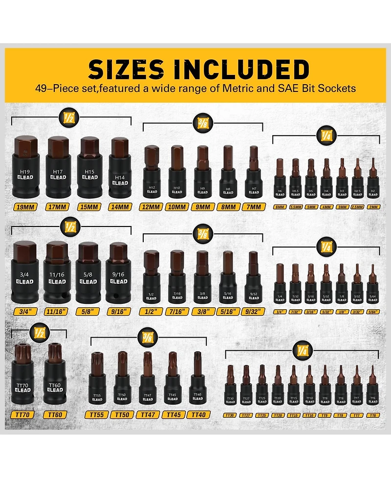 Xdovet Torx Hex Bit Socket Set 66-Piece Star E-Torx Cr-v S2 Automotive Mechanic