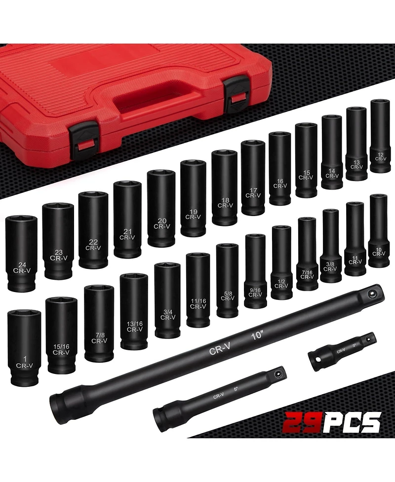 Xdovet 1/2inch Drive Impact Socket Set 29pieces Deep Sae and Metric With Extension