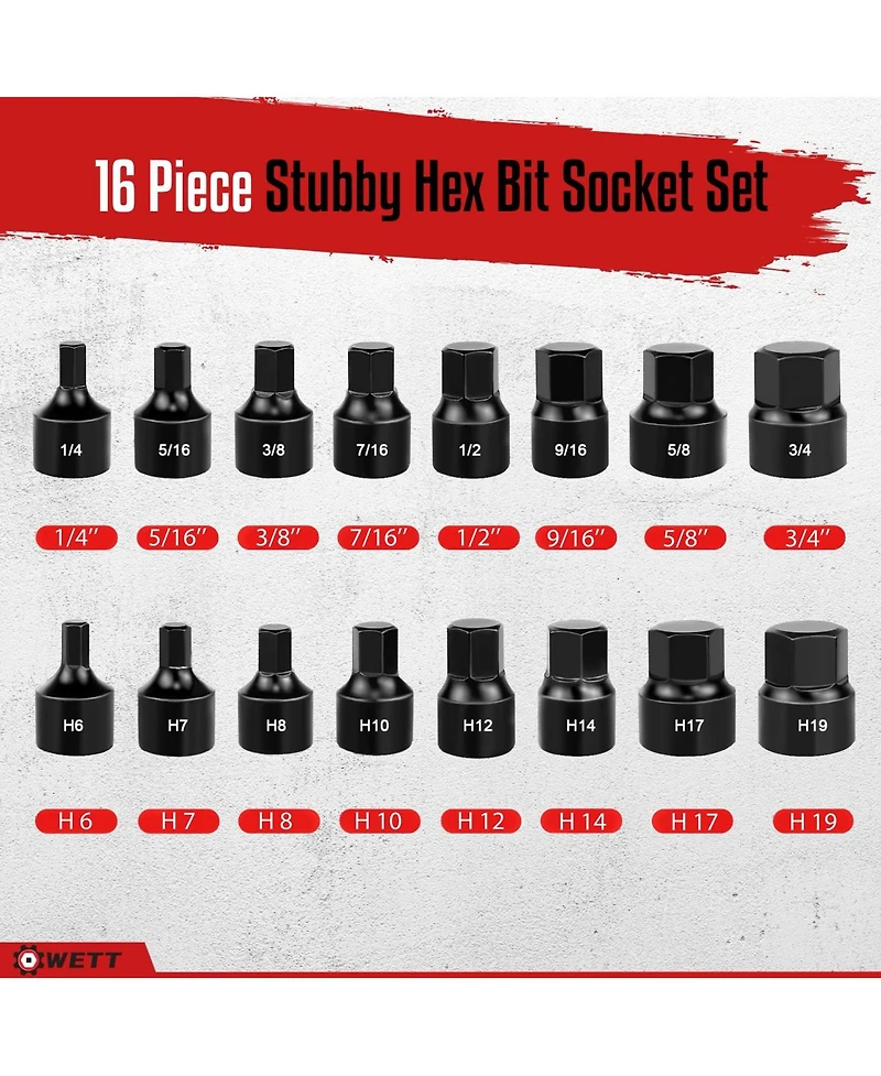 Xdovet Impact Hex Driver Socket Set 16pieces Stubby 3/8inch Drive Sae/Metric Cr-v