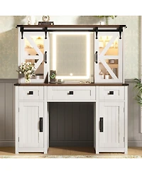 Streamdale Furniture 43.3'' Farmhouse Vanity Desk with Lighted Mirror Charging Station and Storage