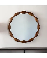 Laoties 32" Wavy Round Wood Wall Mirror, Modern Rustic Decorative Accent Mirror for Living Room and Entryway