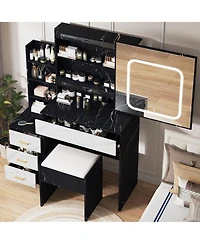 homfan Vanity Desk with Sliding Led Mirror, 4 Drawers, Storage Shelves, Power Outlet, Cushioned Stool, 3-Light Makeup Table, Marble