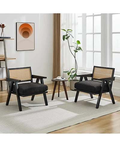 homfan Set of 2 Mid-Century Accent Chairs, Wood with Rattan Backrest, Linen Cushion, for Living Room or Bedroom, Easy Assembly