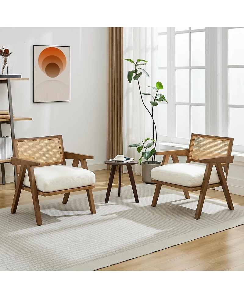 homfan Set of 2 Mid-Century Accent Chairs, Wood with Rattan Backrest, Linen Cushion, for Living Room or Bedroom, Easy Assembly