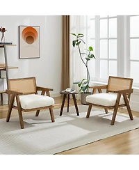homfan Set of 2 Mid-Century Accent Chairs, Wood with Rattan Backrest, Linen Cushion, for Living Room or Bedroom, Easy Assembly
