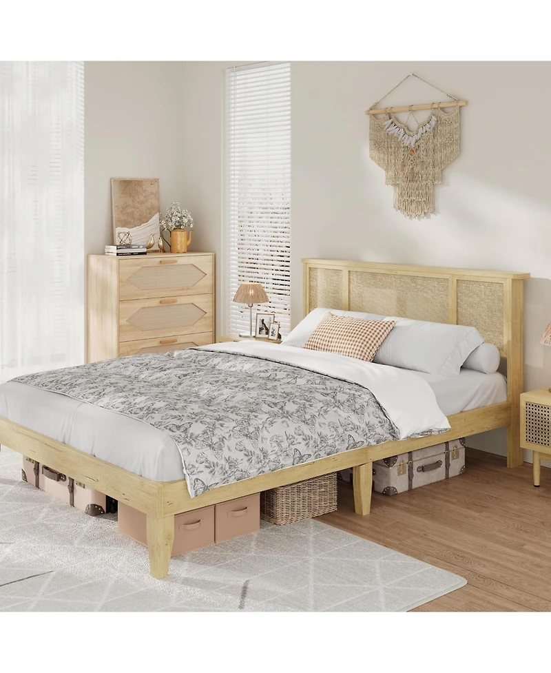 gaomon Bed Frame with Natural Rattan Headboard, 4 Drawers, Sturdy Metal Base, Boho-Style Cane Support, No Box Spring Required