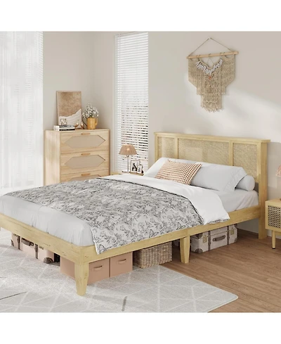 gaomon Bed Frame with Natural Rattan Headboard, 4 Drawers, Sturdy Metal Base, Boho-Style Cane Support, No Box Spring Required