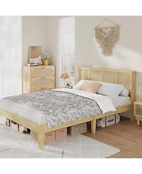 gaomon Bed Frame with Natural Rattan Headboard, 4 Drawers, Sturdy Metal Base, Boho-Style Cane Support, No Box Spring Required