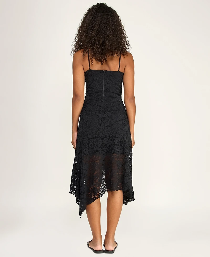Katia Rae Juniors' Handkerchief Hem V-Neck Lace Midi Dress