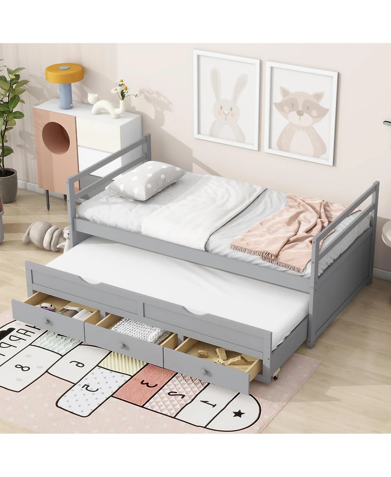 Sailvan Bed with Headboard, Footboard, Trundle and 3 Storage Drawers, Pine Wood Bed