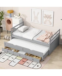 Sailvan Bed with Headboard, Footboard, Trundle and 3 Storage Drawers, Pine Wood Bed