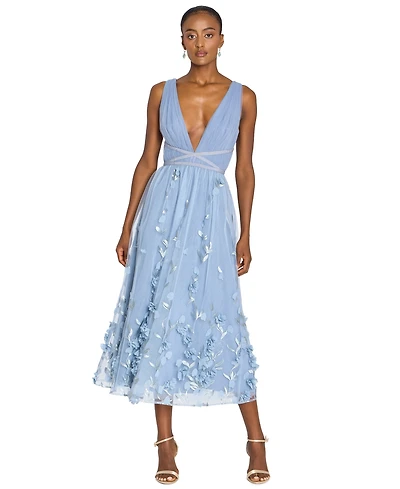 Marchesa Notte Women's V-Neck 3D Floral Midi Dress