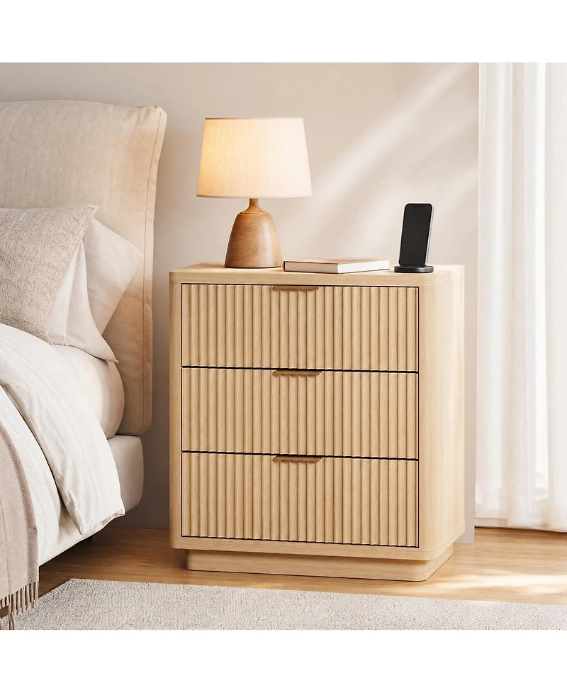 gaomon Set of 2 Fluted Nightstand, 3 Drawer Bedside Table with Charging Station, Light Wood End Table with Ac and Usb Ports and Metal Handles