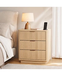gaomon Set of 2 Fluted Nightstand, 3 Drawer Bedside Table with Charging Station, Light Wood End Table with Ac and Usb Ports and Metal Handles