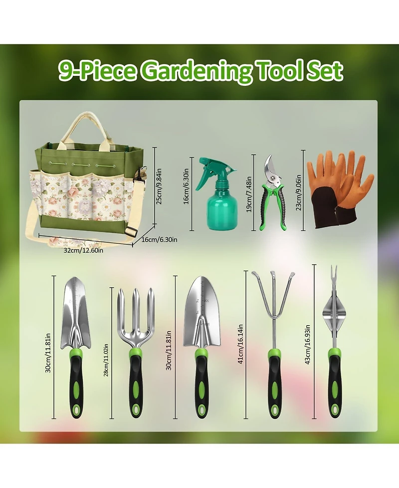 Xdovet Garden Tool Set Stainless Steel 9-Piece Rubber Handle Bag