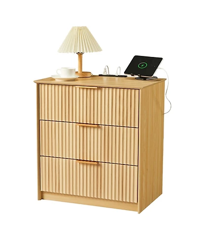 gaomon Fluted 3-Drawer Bedside Table with Charging Station - Usb and Type-c Ports - Modern Natural Wood Bedside Table