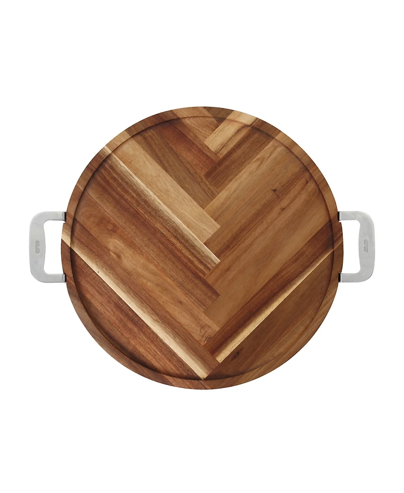 Dexas Acacia Round Herringbone Board with Stainless Steel Handles