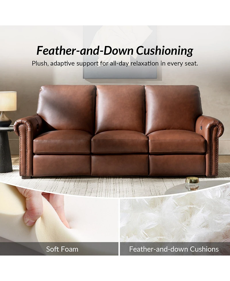 Hulala Home Igon 86.25" Traditional Down-Filled Genuine Leather Power Reclining Sofa.