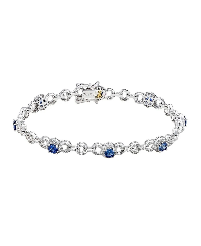Suzy Levian New York Sterling Silver Sapphire Halo Pave Link Tennis Bracelet