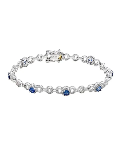 Suzy Levian New York Sterling Silver Sapphire Halo Pave Link Tennis Bracelet