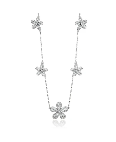 Suzy Levian New York Sterling Silver Cubic Zirconia Pave Flower Station Necklace