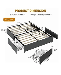 gaomon Bed Frame with 4 Storage Drawers, King Platform Bed with Linen Fabric Upholstered and Wooden Slats Support, No Box Spring Needed