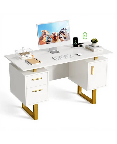 Sugift 51-Inch Computer Desk with 2 Drawers and Storage Cabinet, Modern Home Office Desk with Built-in Outlets