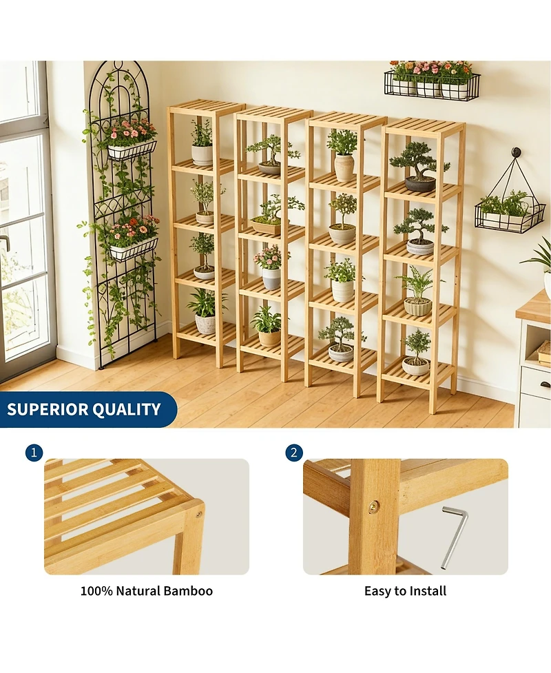 gaomon Space Saving 5 Tier Wooden Bathroom Shelf, Narrow Standing Storage Rack with Slatted Natural Wood, Versatile for Towels, Plants
