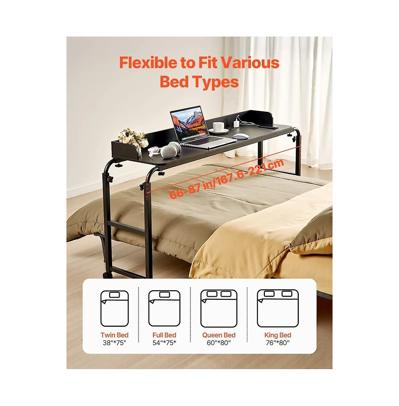 Sugift Mobile Overbed Desk with Power Outlets and Usb Ports 4 Wheels Adjustable