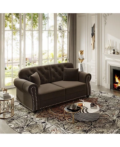 Maison Boucle Velvet Loveseat Sofa, Chesterfield Tufted Nailhead, Rolled Arms