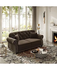 Maison Boucle Velvet Loveseat Sofa, Chesterfield Tufted Nailhead, Rolled Arms