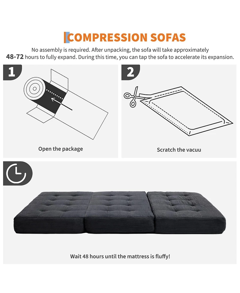 homfan 6" Tri-Fold Mattress 75" x 54.3", Corduroy Sofa Bed & Guest Floor Mattress, Portable Foam for Camping, Bedroom Living Room
