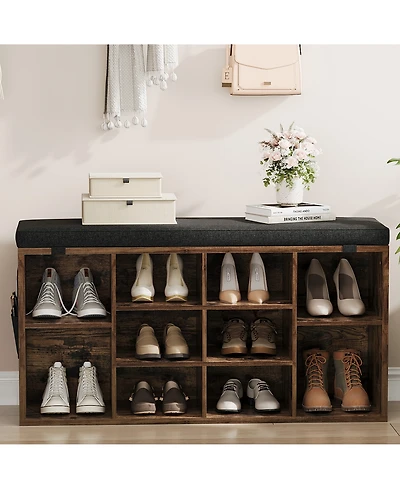 homfan Shoe Storage Bench, Upholstered 10 Cubbies Organizer with Cushion and Adjustable Shelves for Entryway