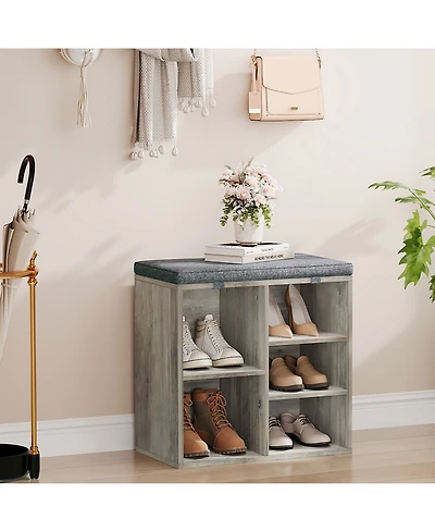 homfan Shoe Storage Bench, Upholstered 10 Cubbies Organizer with Cushion and Adjustable Shelves for Entryway