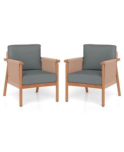 Gouun Set of 2 Acacia Wood Patio Chairs with Woven Rope Armrests and Padded Cushions