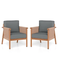 Gouun Set of 2 Acacia Wood Patio Chairs with Woven Rope Armrests and Padded Cushions