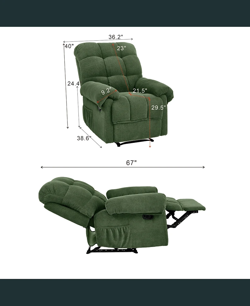 Clihome Green Recliner Chair, Overstuffed Armchair,Living Room Seating, Reading Chair,Ergonomic Lounge Chair, Soft Fabric Recliner