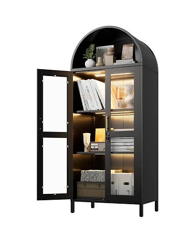 Boyel Living Metal Arched Display Cabinet with Led Lights, Lockable Glass Door Bookshelf and Hutch for Living Room